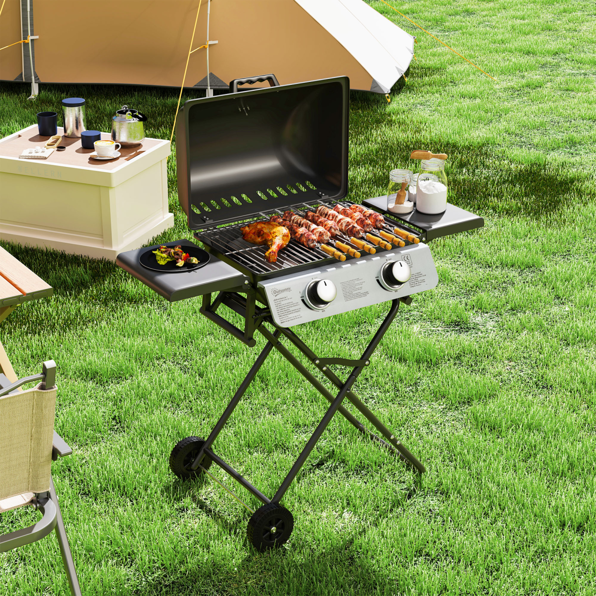 Portable Foldable Gas Barbecue Grill with Thermometer, Lid, Black - Stay-outdoors.co.uk
