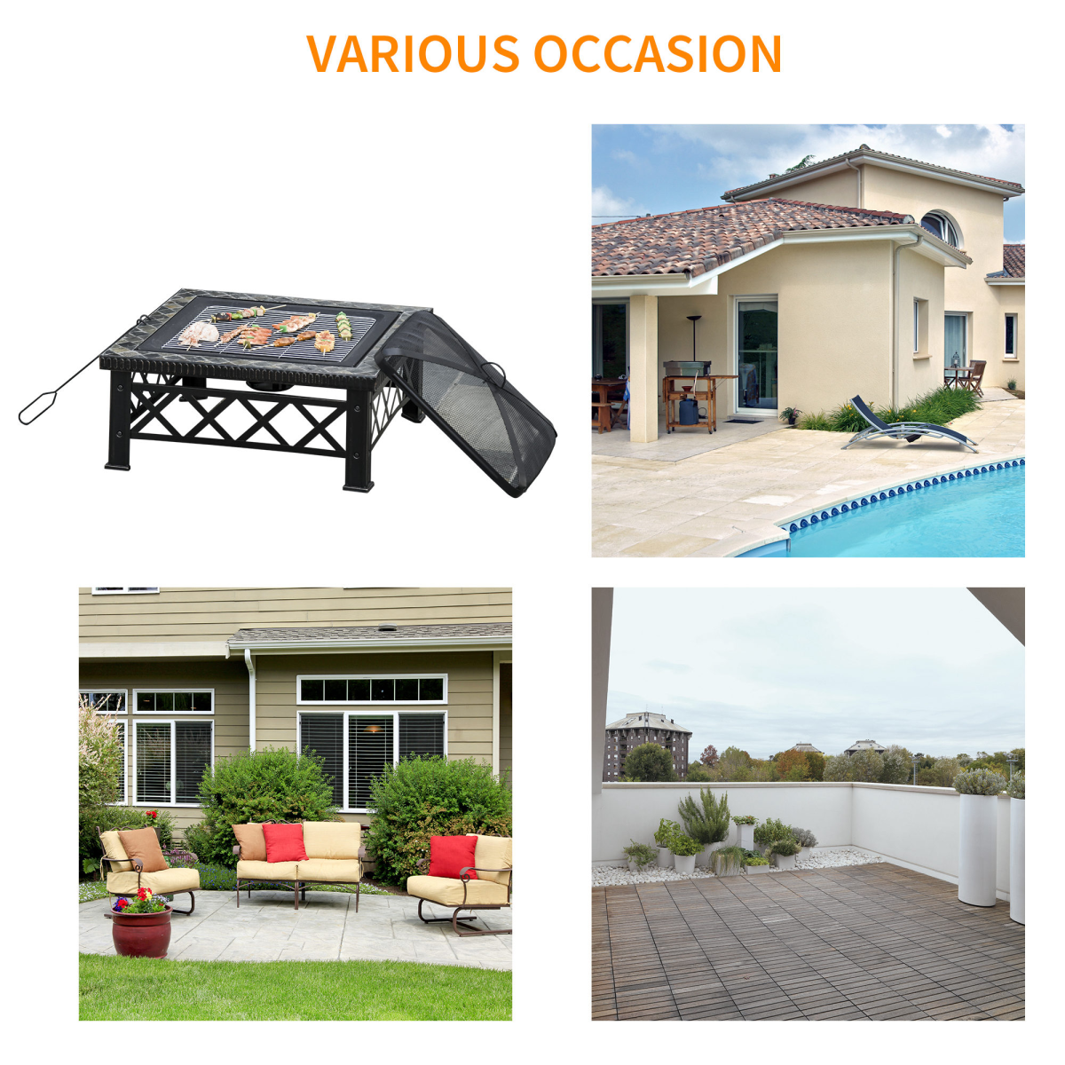 76cm Square Garden Fire Pit Square Table w/ Poker Mesh Cover Log Grate - Stay-outdoors.co.uk