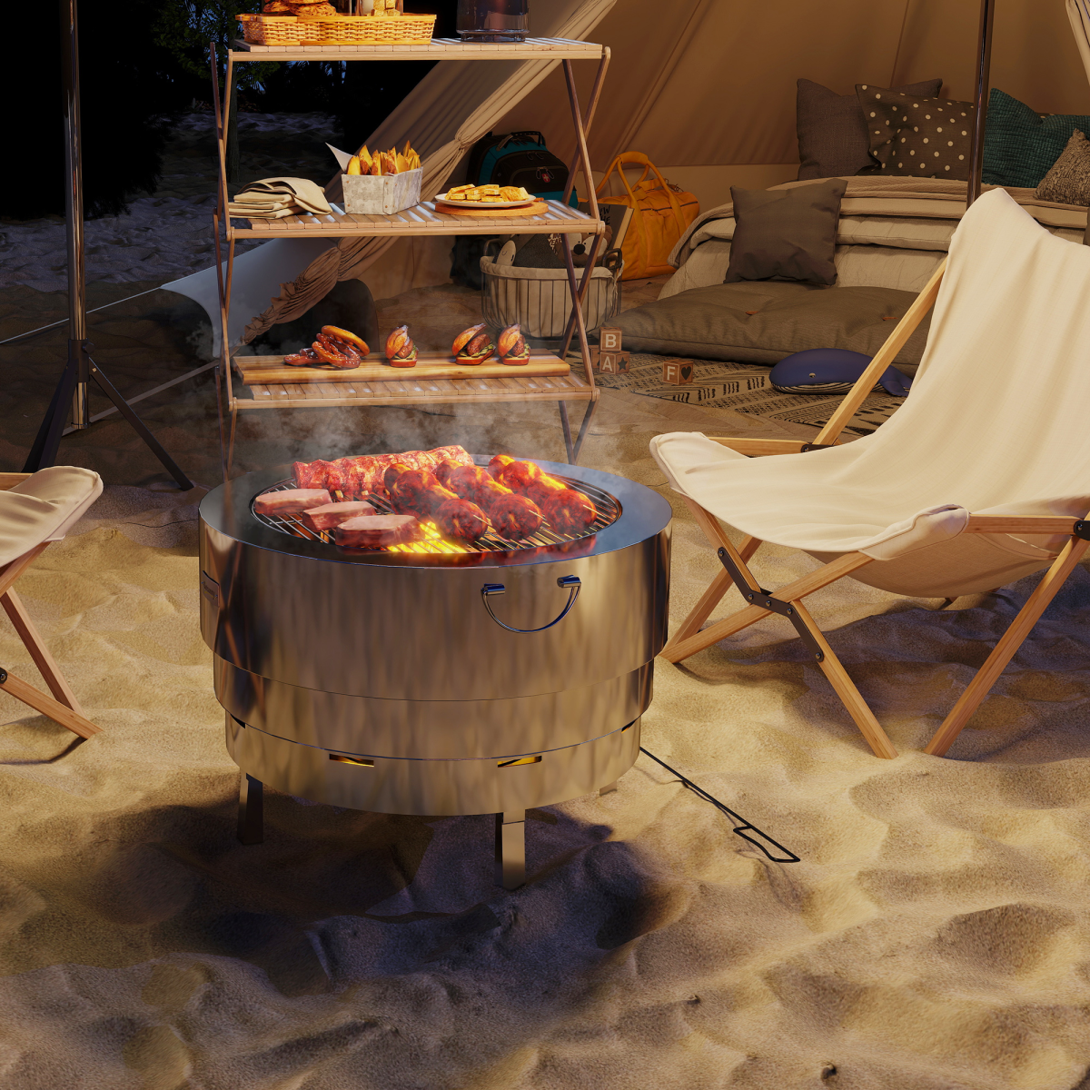 Round Fire Pit with Grill Net, Stainless Steel Firepit, Silver - Stay-outdoors.co.uk