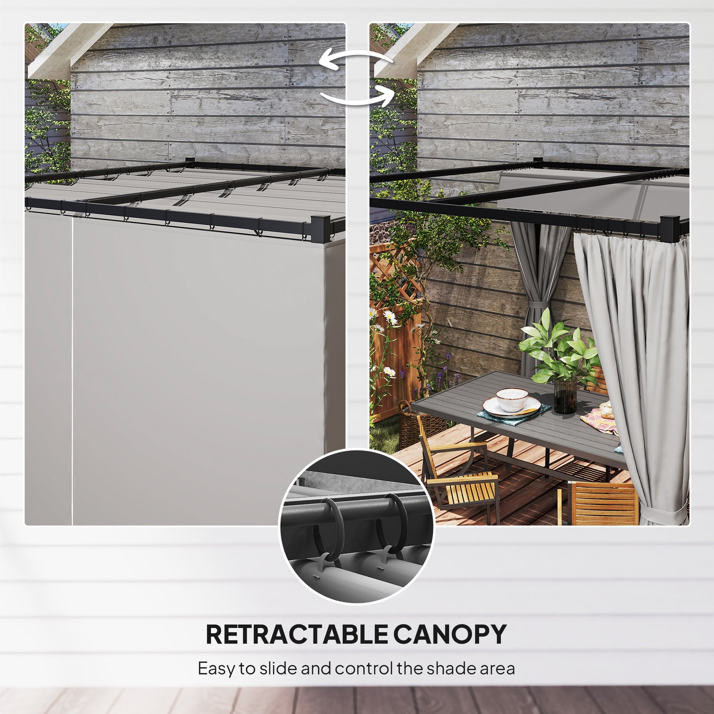 Pergola with Retractable Roof and Curtains, Light Grey - Stay-outdoors.co.uk