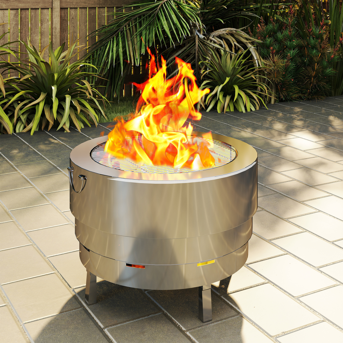 Round Fire Pit with Grill Net, Stainless Steel Firepit, Silver - Stay-outdoors.co.uk