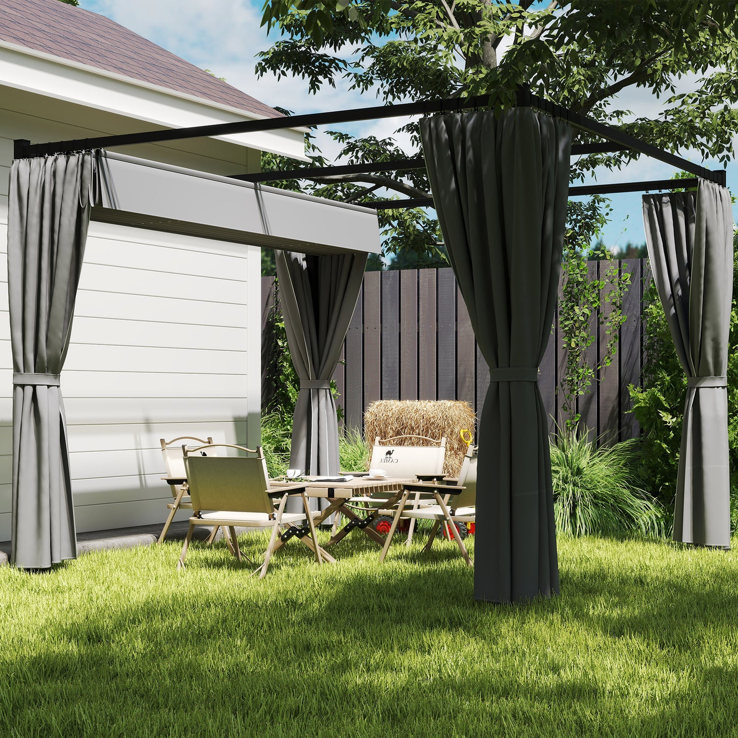 Pergola with Retractable Roof and Curtains, Light Grey - Stay-outdoors.co.uk