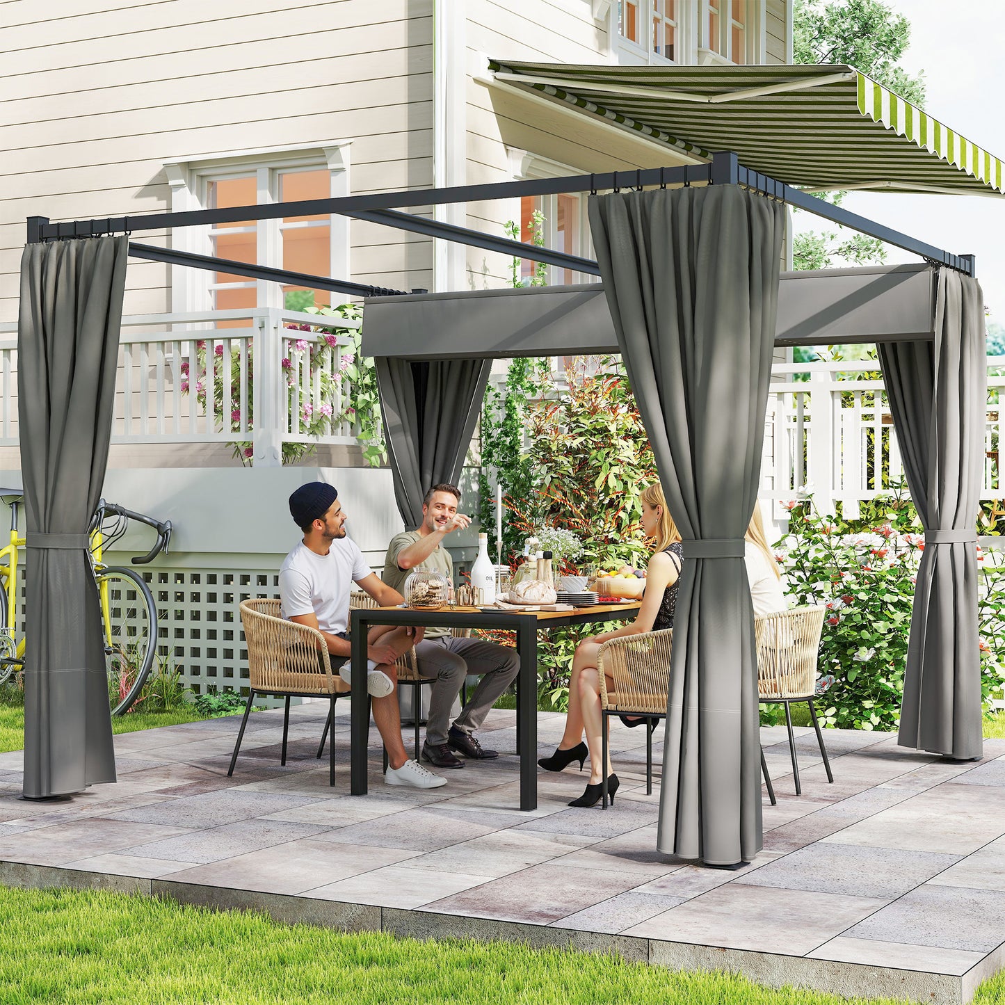 Pergola with Retractable Roof and Curtains, Light Grey - Stay-outdoors.co.uk