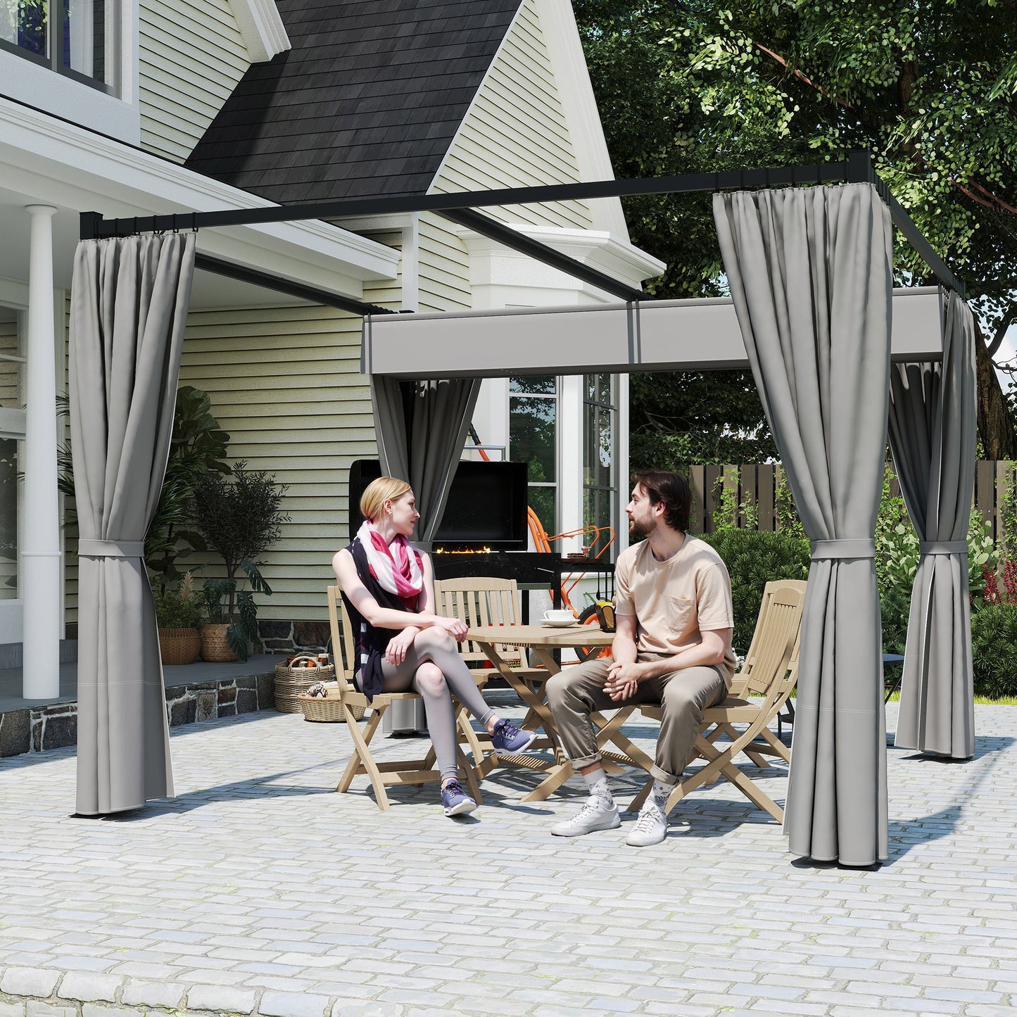 Pergola with Retractable Roof and Curtains, Light Grey - Stay-outdoors.co.uk