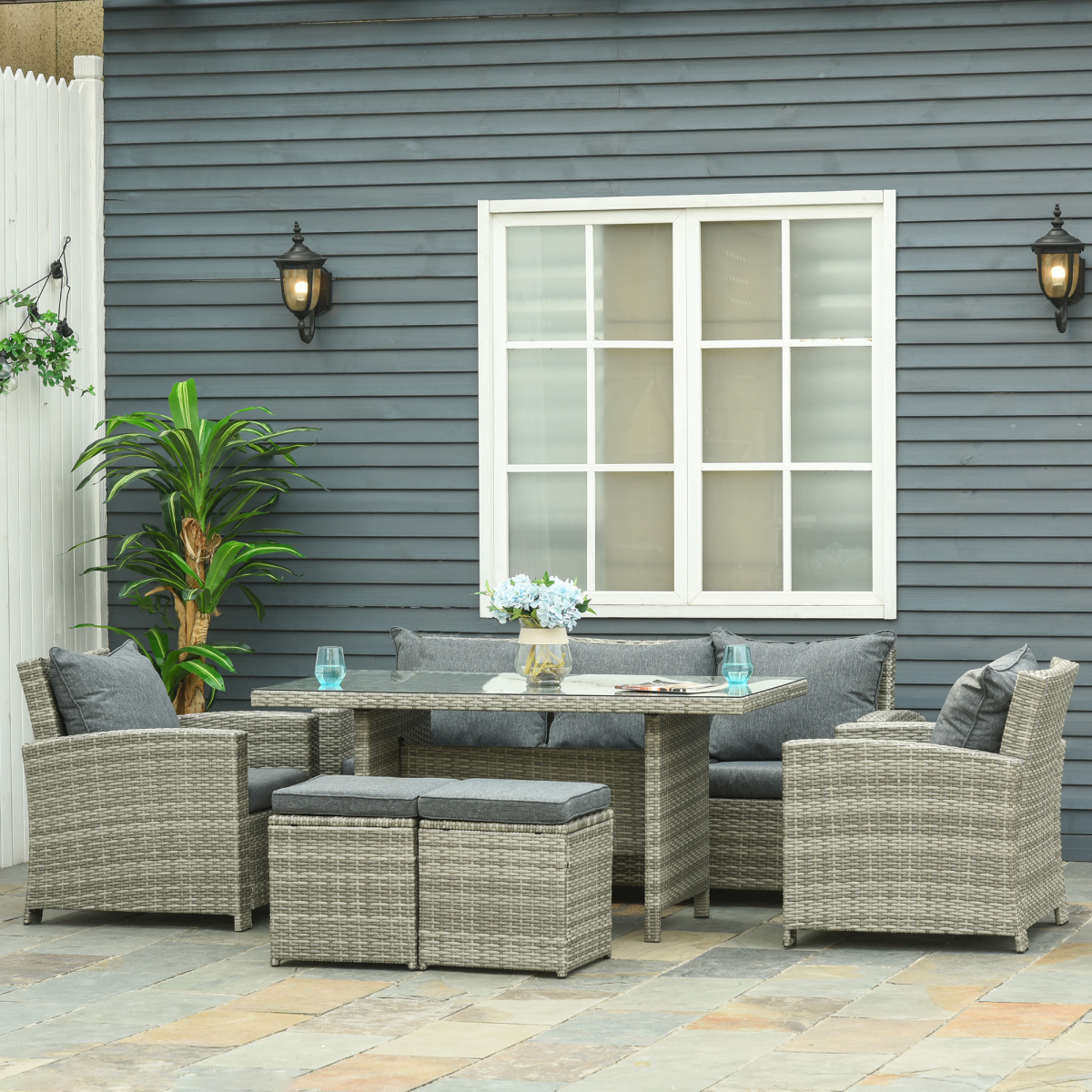 Set of 6 Rattan Dining Set Sofa - Stay-outdoors.co.uk