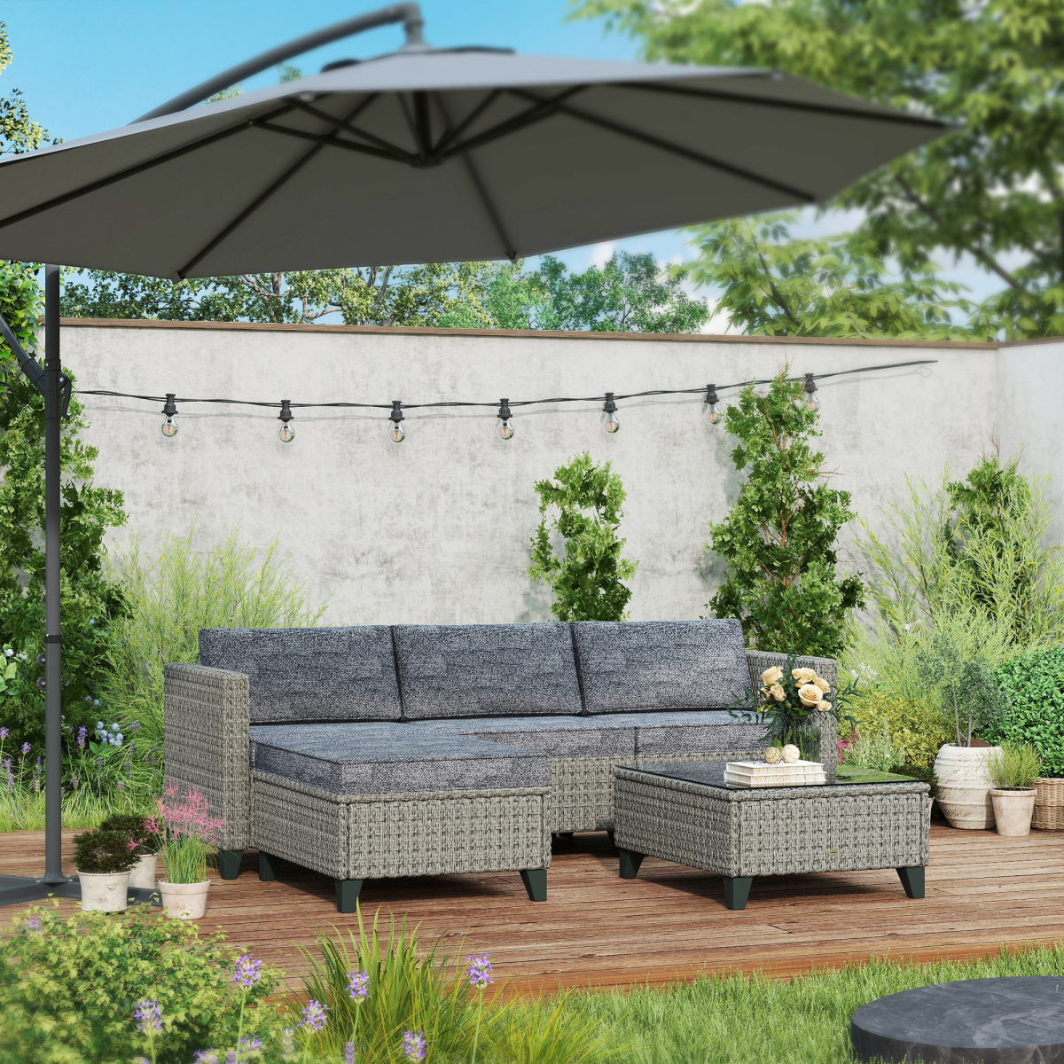 Outsunny 5 PCs Rattan Garden Furniture Set with Glass Coffee Table Dark Grey - Stay-outdoors.co.uk