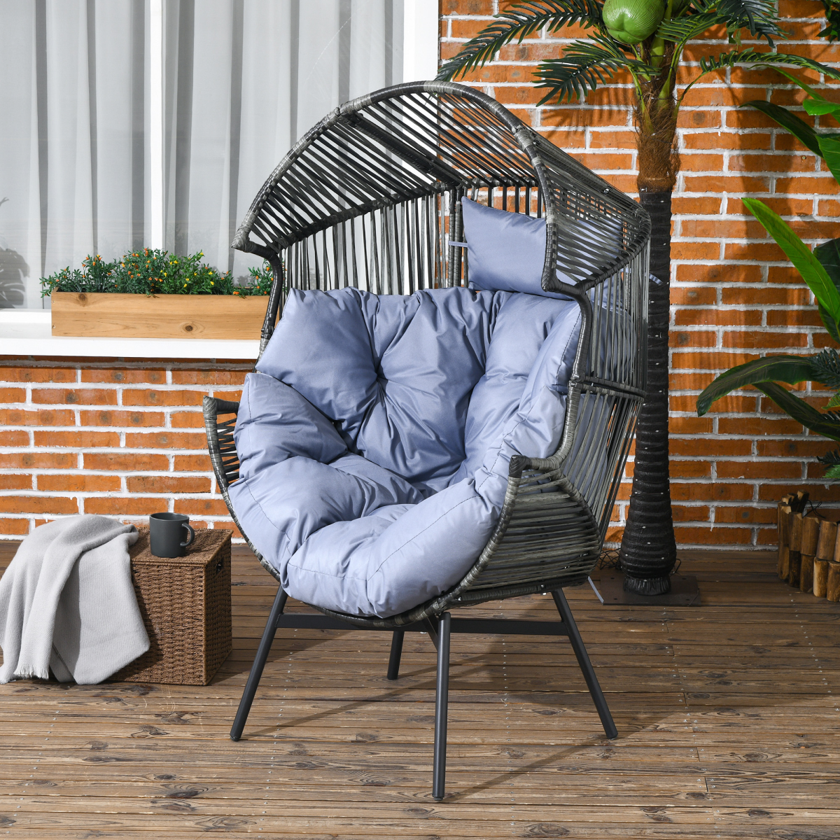 Rattan Garden Egg Chair with Headrest, Grey - Stay-outdoors.co.uk