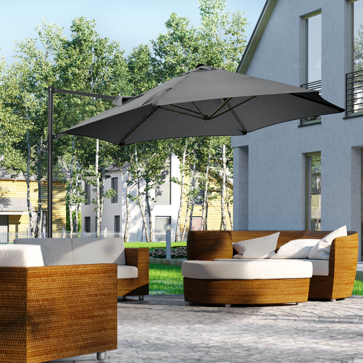 2.5M Garden Cantilever Parasol W/ 360 Rotation and Cross Base, Dark Grey - Stay-outdoors.co.uk