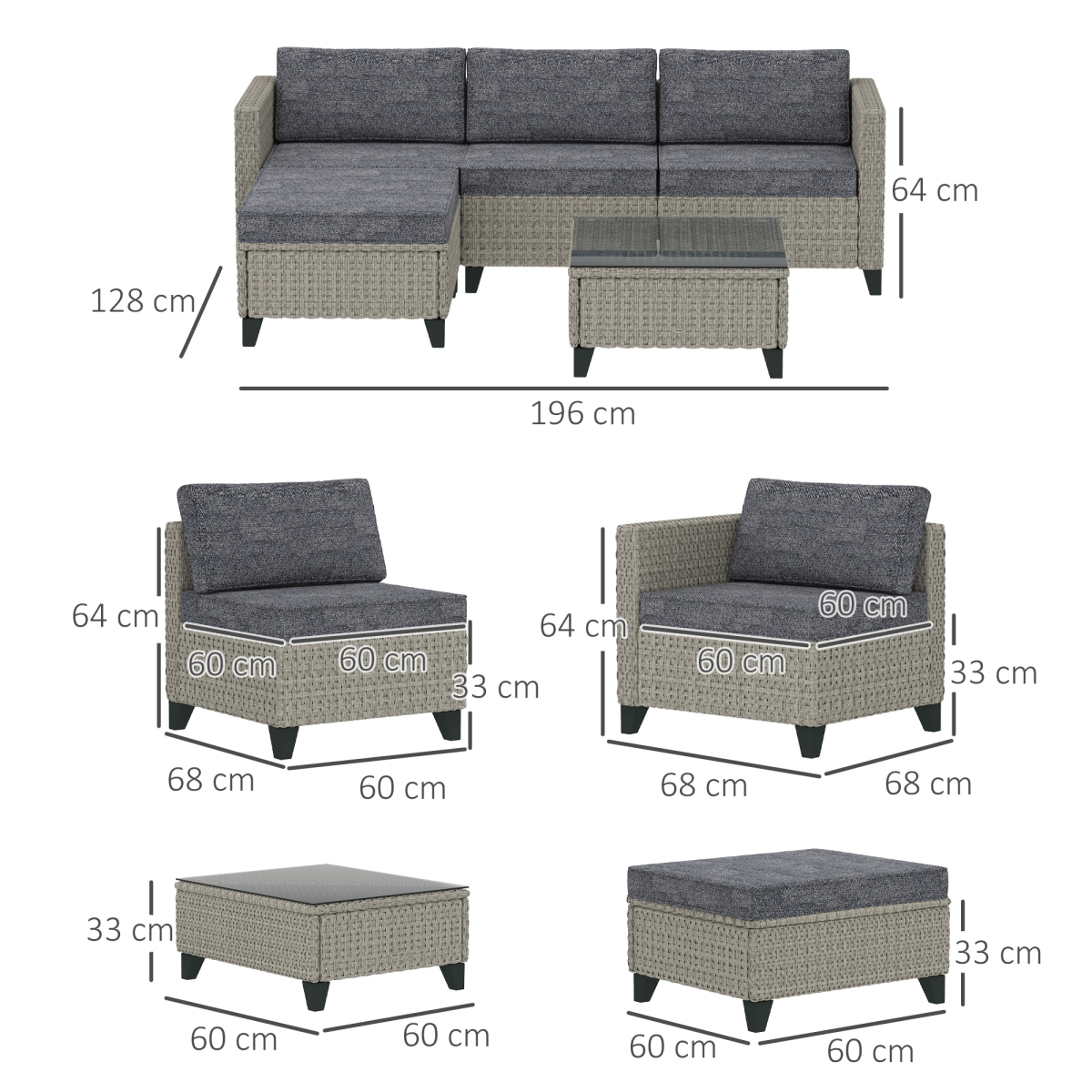Outsunny 5 PCs Rattan Garden Furniture Set with Glass Coffee Table Dark Grey - Stay-outdoors.co.uk