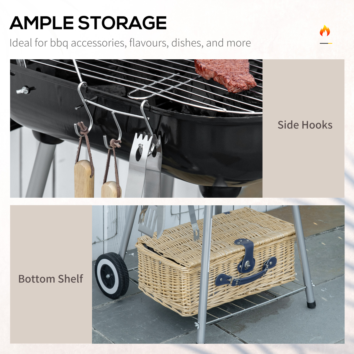 Outsunny BBQ Charcoal Smoker Grill Trolley with 2 Wheels and Grilling Utensils - Stay-outdoors.co.uk