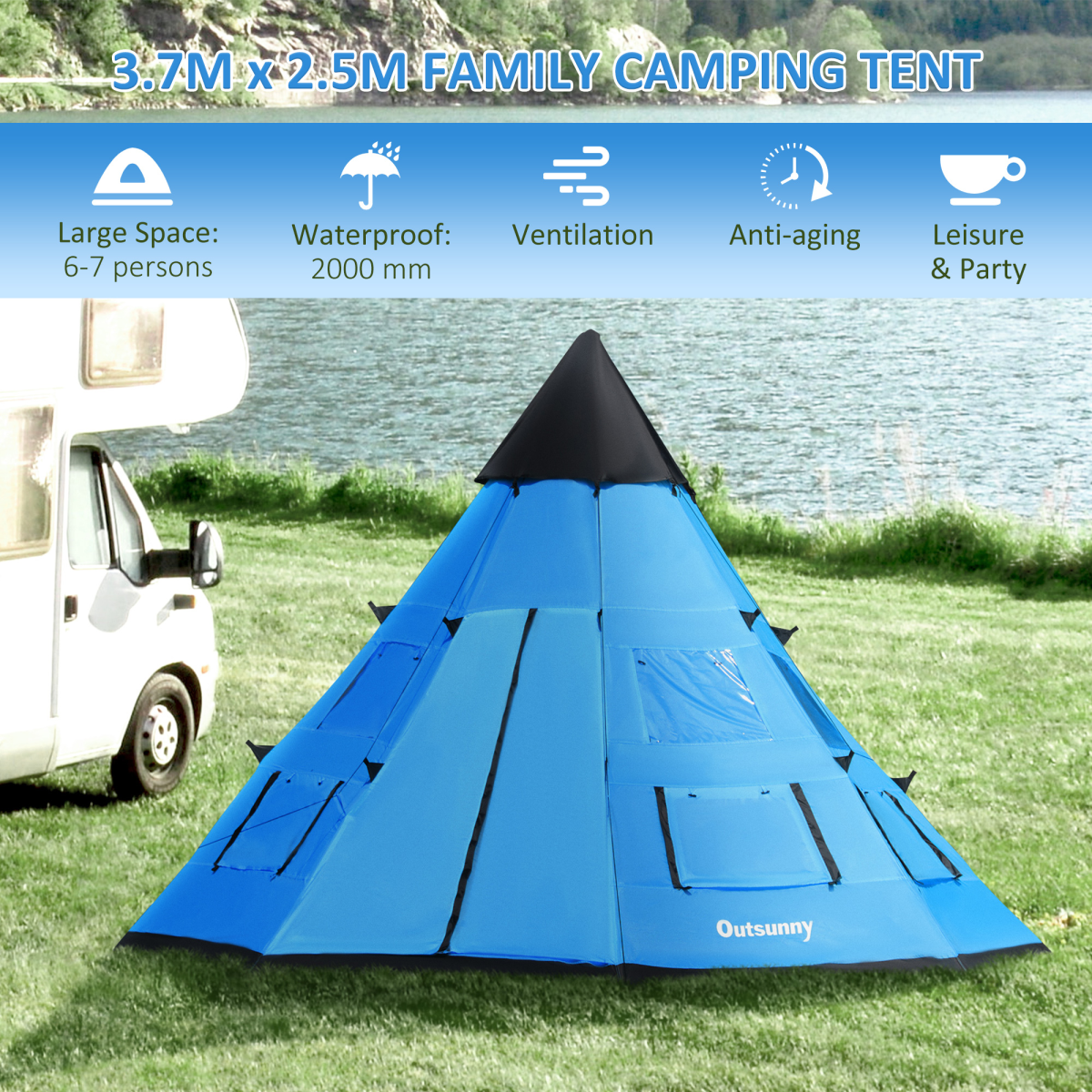 6-7 Person Large Family Tipi Camping Tent Carrying Bag, Mesh Window