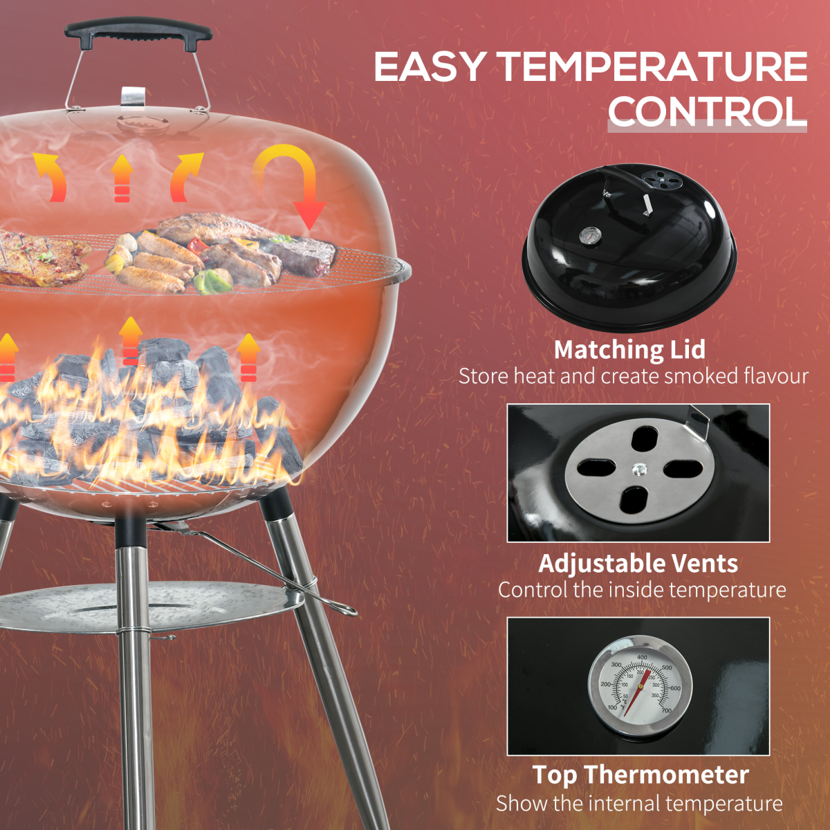 Portable Kettle Charcoal Grill BBQ Smoker w/ Cover, Lid, & Thermometer - Stay-outdoors.co.uk