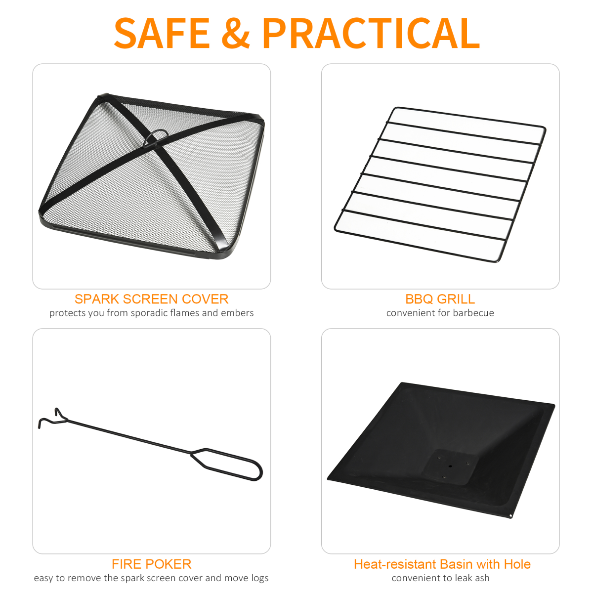 76cm Square Garden Fire Pit Square Table w/ Poker Mesh Cover Log Grate - Stay-outdoors.co.uk