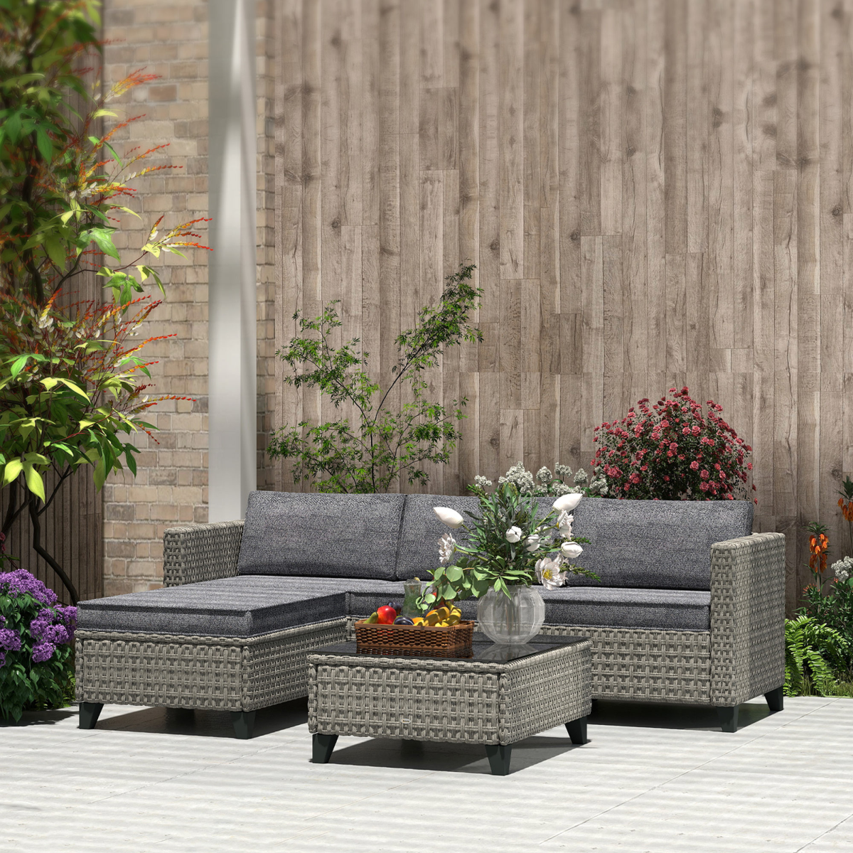 Outsunny 5 PCs Rattan Garden Furniture Set with Glass Coffee Table Dark Grey - Stay-outdoors.co.uk
