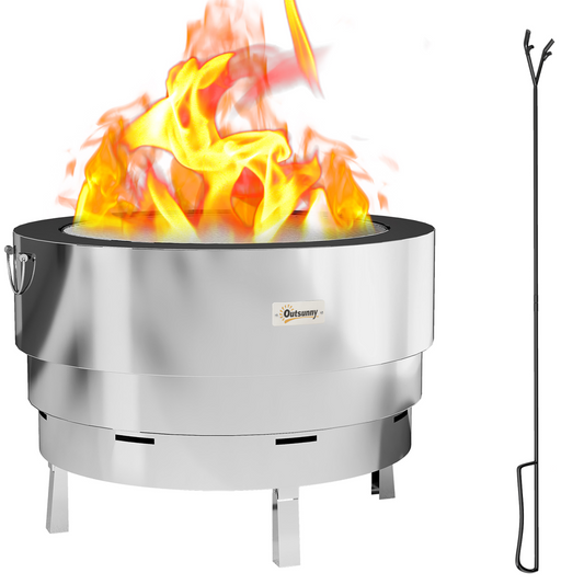 Round Fire Pit with Grill Net, Stainless Steel Firepit, Silver - Stay-outdoors.co.uk