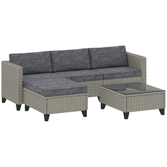 Outsunny 5 PCs Rattan Garden Furniture Set with Glass Coffee Table Dark Grey - Stay-outdoors.co.uk