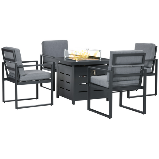 4 Seater Aluminium Garden Furniture Set with Gas Firepit Table, Grey - Stay-outdoors.co.uk