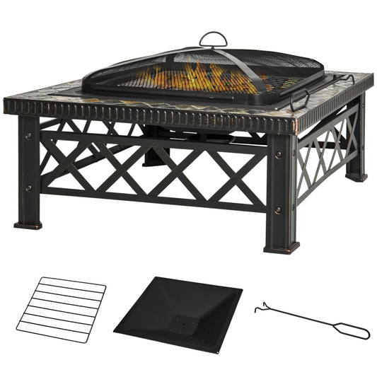 76cm Square Garden Fire Pit Square Table w/ Poker Mesh Cover Log Grate - Stay-outdoors.co.uk