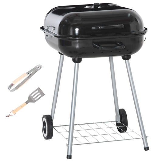 Outsunny BBQ Charcoal Smoker Grill Trolley with 2 Wheels and Grilling Utensils - Stay-outdoors.co.uk