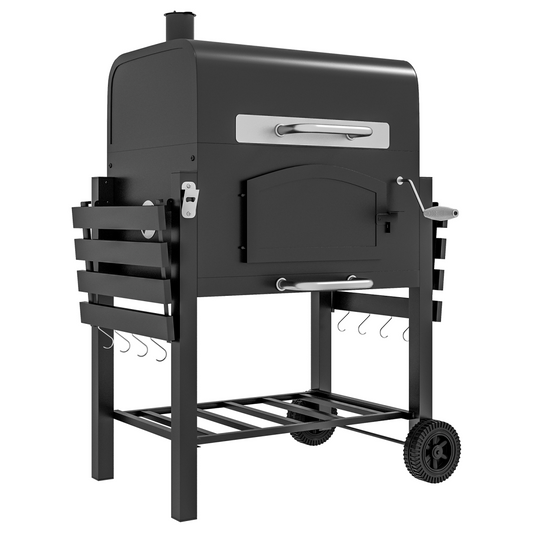 Charcoal Grill BBQ Trolley w/ Adjustable Charcoal Height & Thermometer - Stay-outdoors.co.uk