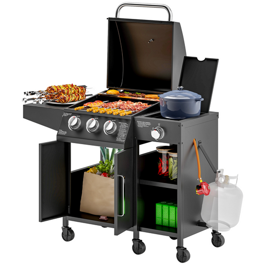 9.5 kW Gas Barbecue with 3+1 Burner, Storage Cabinet and Shelves - Stay-outdoors.co.uk